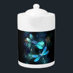 Lake Glowing Dragonflies Teapot<br><div class="desc">Two transparent,  luminous,  turquoise,  artistically drawn dragonflies on night background with luminescent lake algae and fireflies. Glowing dragonfly.</div>
