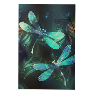 Lake Glowing Dragonflies Wood Wall Art