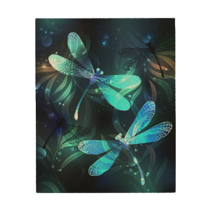 Lake Glowing Dragonflies Wood Wall Art