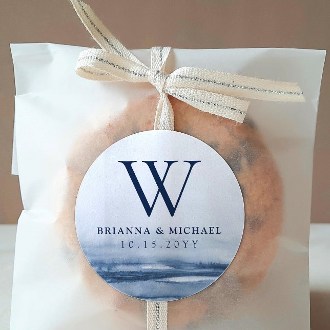 Lake Harbor Fog Wedding | Custom Monogram Classic Round Sticker (Creator Uploaded)