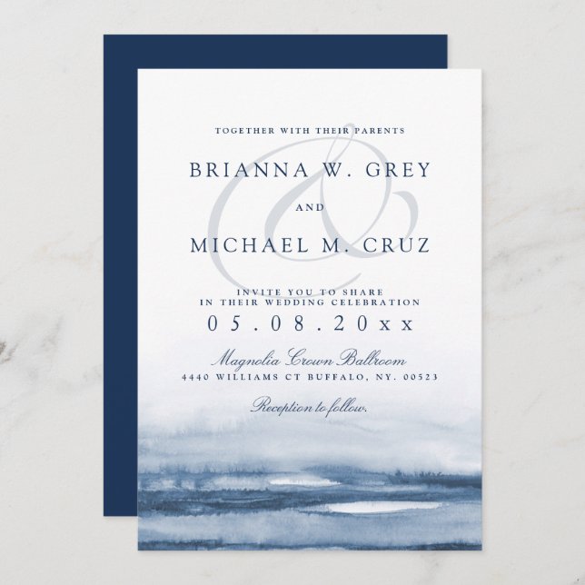 Lake Harbor Fog Wedding Invitation Navy Back (Front/Back)