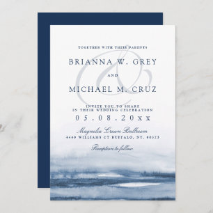 Lake Harbor Fog Wedding Invitation Navy Back