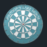 Lake House Beach Family Name Dartboard and Darts<br><div class="desc">Cool coastal blue dart board is perfect for any lake house or beach house. Easy to personalize/customize for your lake house! Just click the personalize button and add your info to the dart board..</div>