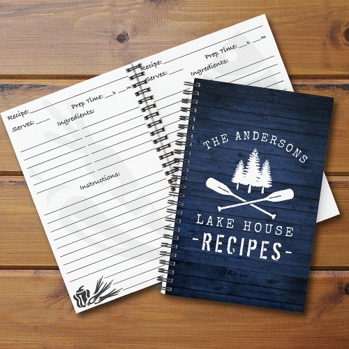 Lake House Boat Oars Trees Blue Wood Mini Recipe Notebook