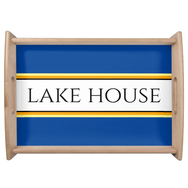 LAKE HOUSE Bold Blue White Yellow Racing Stripes Serving Tray (Front)