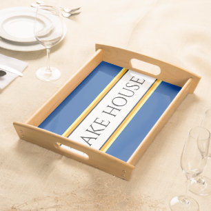 LAKE HOUSE Bold Blue White Yellow Racing Stripes Serving Tray