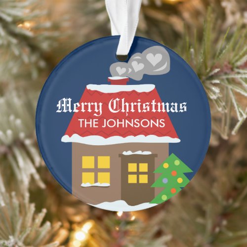 Lake house cabin Merry Christmas family name photo Ornament