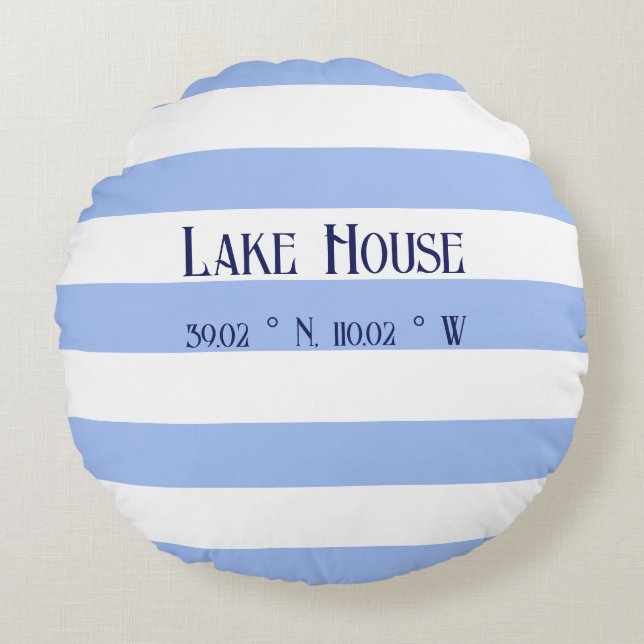 Lake house Coordinates Family name Blue Stripes Round Pillow (Front)