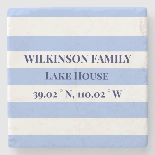 Lake house Coordinates Family name Blue Stripes Stone Coaster (Front)