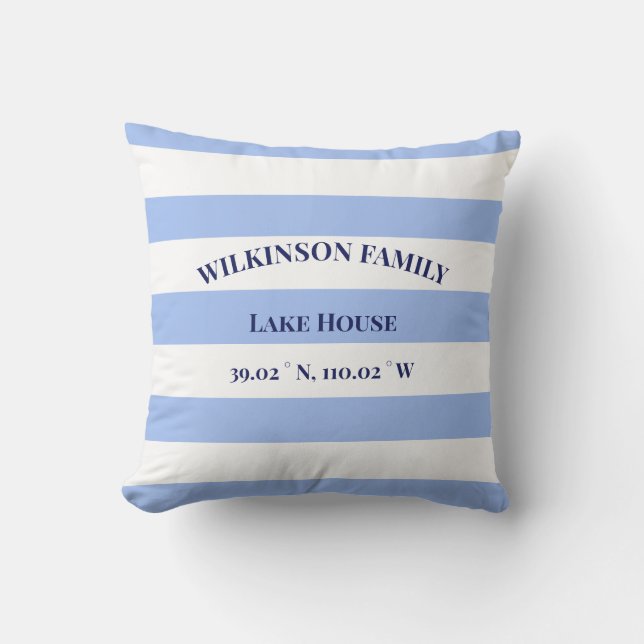 Lake house Coordinates name Blue Stripes Throw Pillow (Front)