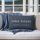 Lake House Custom Coordinates Throw Pillow<br><div class="desc">Show your love for your lakeside abode with our custom coordinates lumbar throw pillow. Shown with "lake house" and the coordinates beneath, our soft navy blue pillow features your lake house latitude and longitude in ivory vintage typewriter lettering. Search for your coordinates on any mapping site and enter them in...</div>