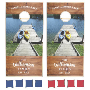 Lake House Custom Photo Family Name Rustic Wood Cornhole Set