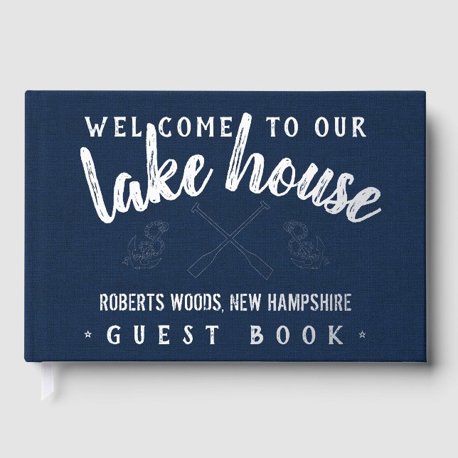 Lake House Customized Vacation Rental Navy Silver Foil Guest Book (Front)