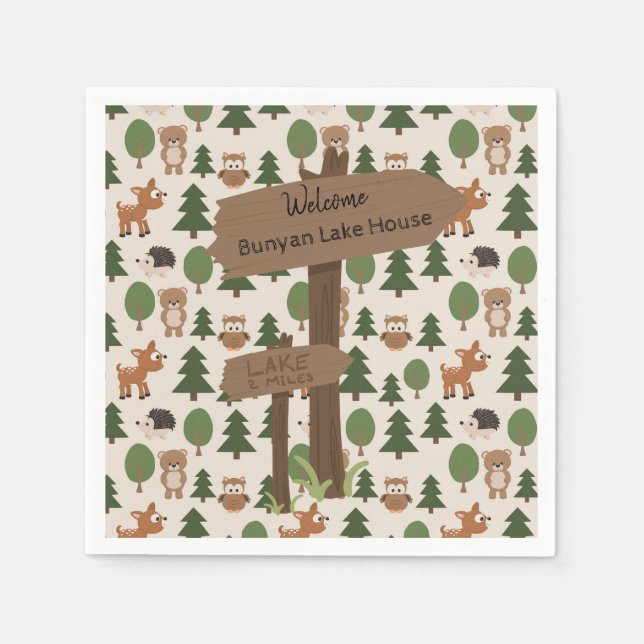 Lake House Cute Rustic Forest Animals Custom Napkins (Front)