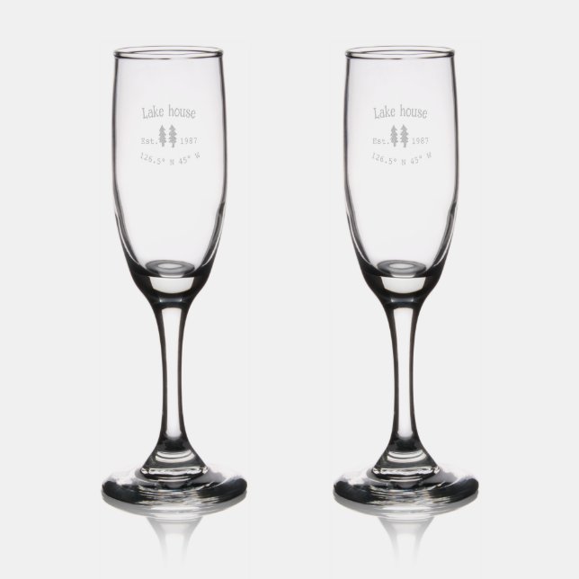 Lake house ets. Date year custom coordinates add n Champagne Flute (Glassware)