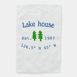 Lake house ets. Date year custom coordinates add n Garden Flag