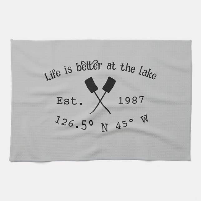 Lake house ets. Date year custom coordinates add n Kitchen Towel (Horizontal)