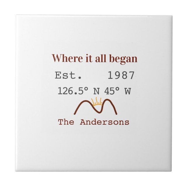 Lake house ets. Date year custom coordinates brown Ceramic Tile (Front)