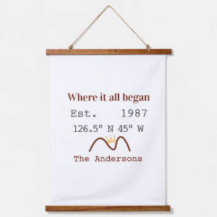 Lake house ets. Date year custom coordinates brown Hanging Tapestry