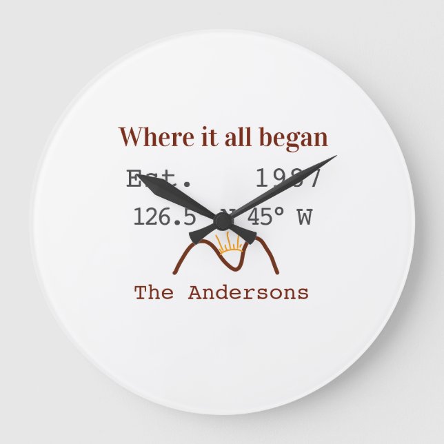 Lake house ets. Date year custom coordinates brown Large Clock (Front)