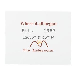 Lake house ets. Date year custom coordinates brown Metal Print