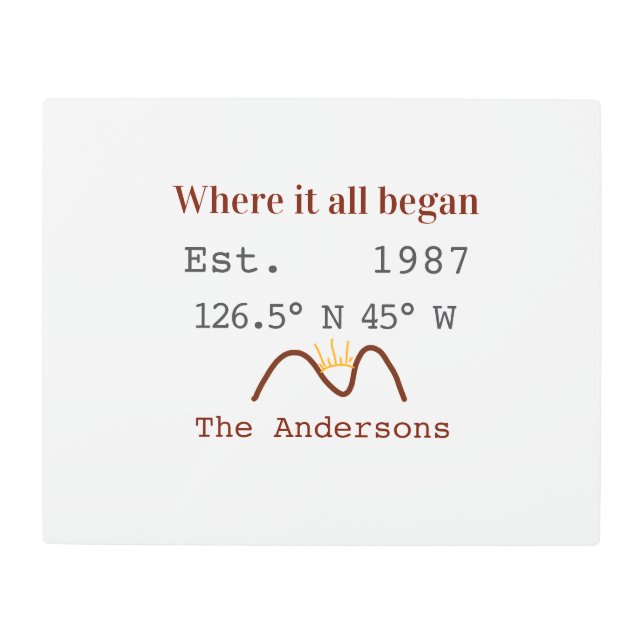 Lake house ets. Date year custom coordinates brown Metal Print (Front)