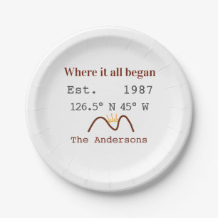 Lake house ets. Date year custom coordinates brown Paper Plates