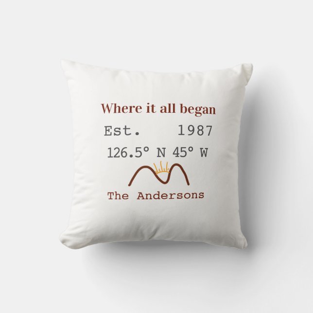 Lake house ets. Date year custom coordinates brown Throw Pillow (Front)