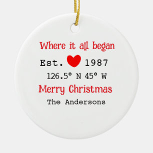 Lake house ets. Date year custom coordinates red Ceramic Ornament