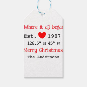 Lake house ets. Date year custom coordinates red Gift Tags