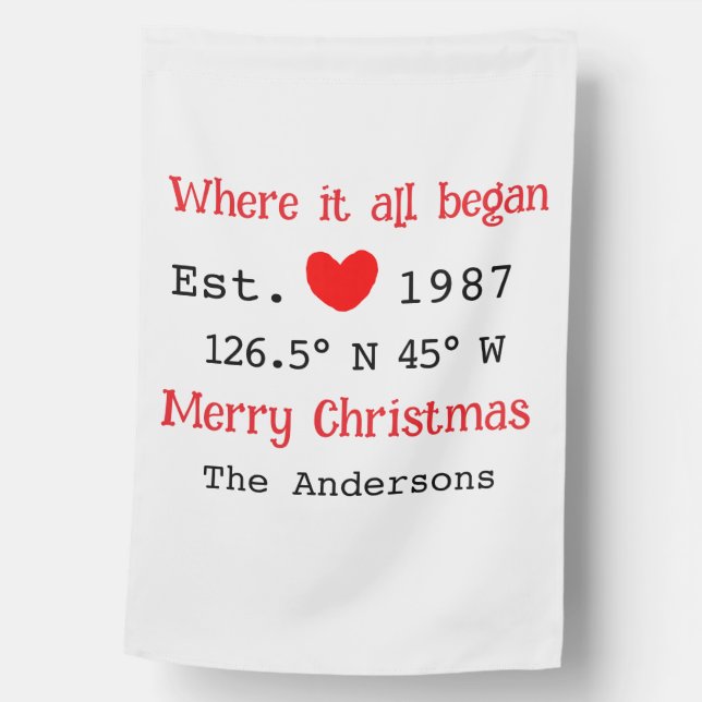 Lake house ets. Date year custom coordinates red House Flag (Front)