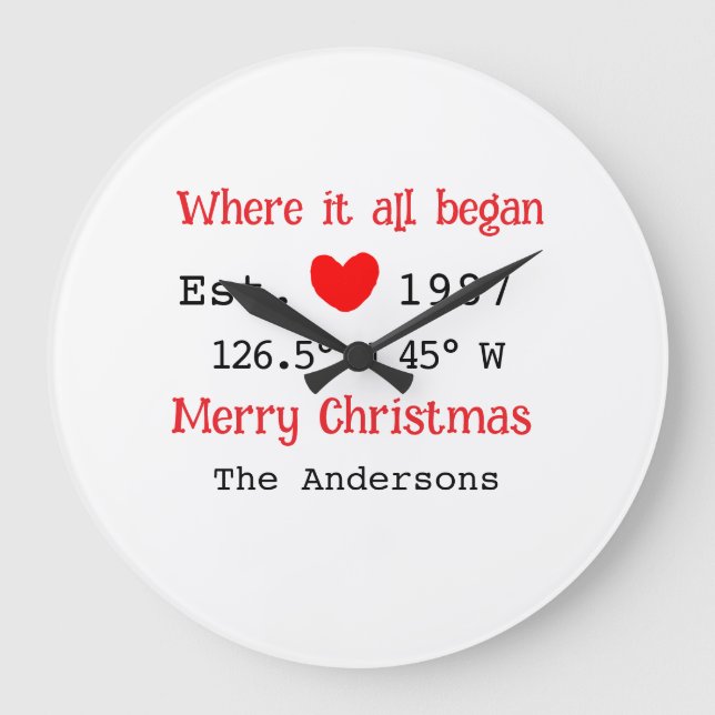 Lake house ets. Date year custom coordinates red Large Clock (Front)