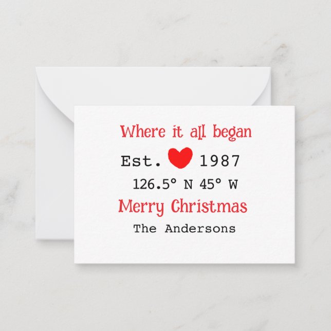 Lake house ets. Date year custom coordinates red Note Card (Front)