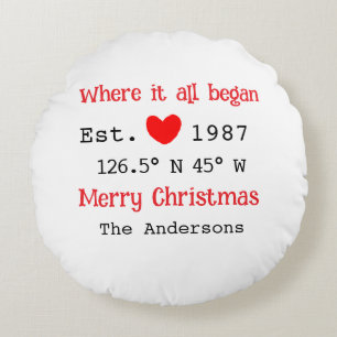 Lake house ets. Date year custom coordinates red Round Pillow