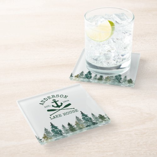 Lake House Family Name Anchor Oars Pines Glass Coaster