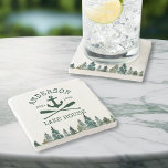 Lake House Family Name Anchor Oars Pines Stone Coaster<br><div class="desc">Nautical Lake House Family Name Anchor Oars Marble Coaster includes Watercolor Green Pine Trees</div>