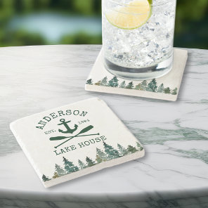 Lake House Family Name Anchor Oars Pines Stone Coaster