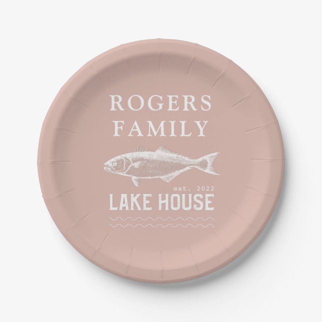 Lake House Family Name Blush Pink Paper Plates (Front)