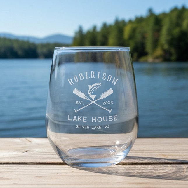 Lake House Family Name Crossed Oars Fish Stemless Wine Glass (Creator Uploaded)