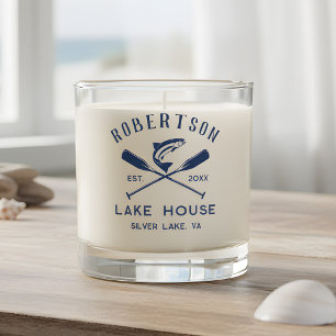 Lake House Family Name Crossed Oars Navy Blue Scented Candle