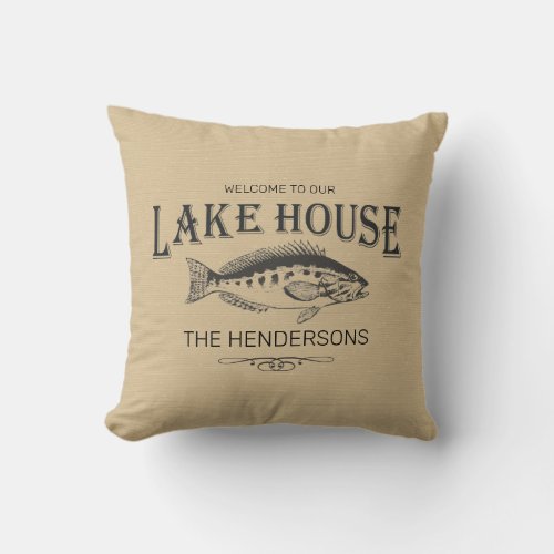 Lake House Family Name Fish Throw Pillow