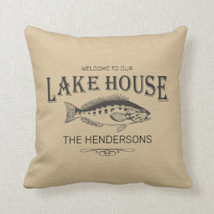 Lake House Family Name Fish Throw Pillow