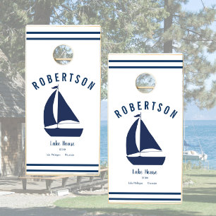 Lake House Family Name Navy Blue Nautical Cornhole Set