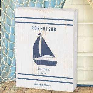 Lake House Family Name Navy Blue Nautical Wooden Box Sign