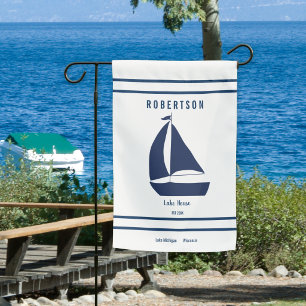 Lake House Family Name Navy Blue Sailboat Garden Flag