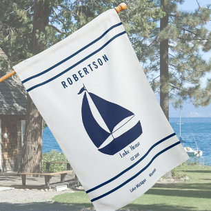 Lake House Family Name Navy Blue Sailboat Outdoor Flag