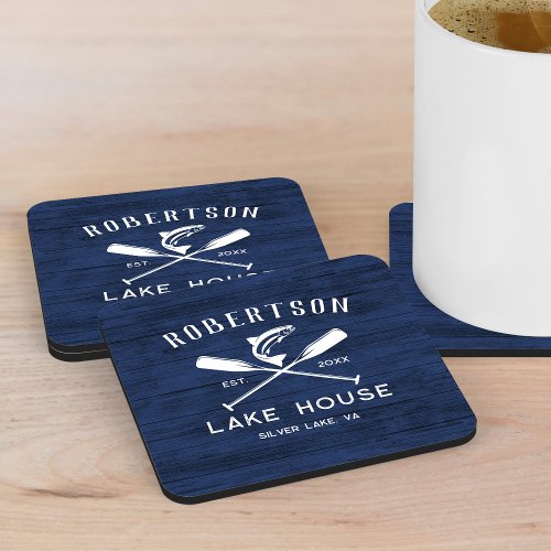 Lake House Family Name Rustic Blue Wood Beverage Coaster