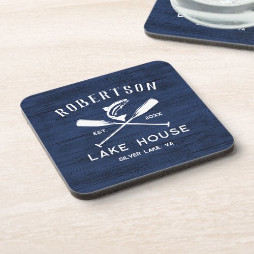 Lake House Family Name Rustic Blue Wood Beverage Coaster