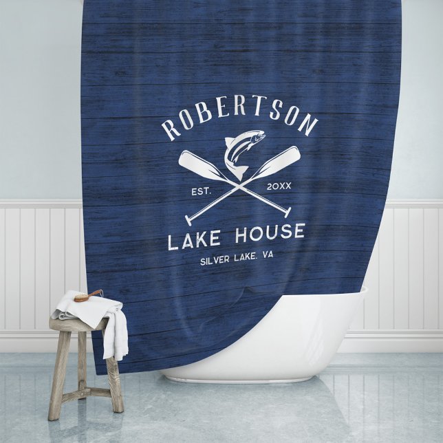 Lake House Family Name Rustic Blue Wood Shower Curtain (Creator Uploaded)