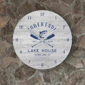 Lake House Family Name Rustic Gray Wood Round Clock